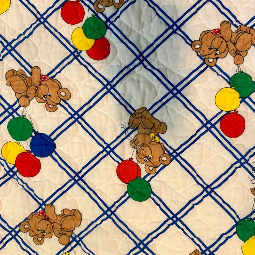 Baby Quilt WithTeddy Bears Colorful Balloons Hand-Stitched Blue Border 36